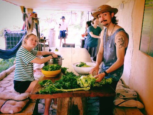 Volunteers preparing salad